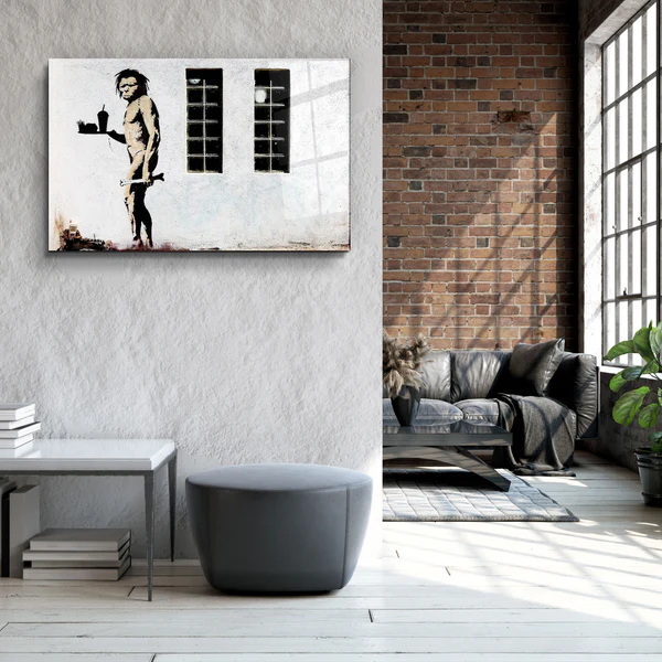 ・"Banksy - Cave Man Fast Food"・Glass Wall Art - Image 3