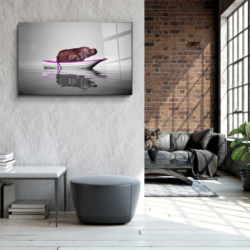 ・"Hippo on the Boat 2"・Glass Wall Art - Image 3