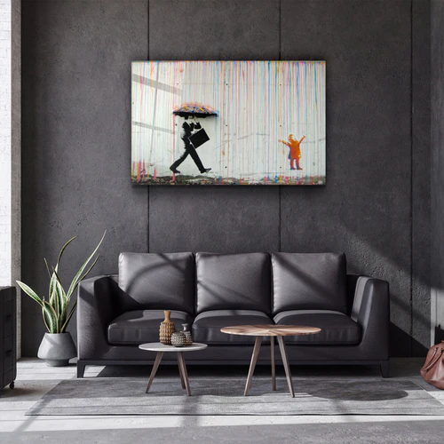 ・"Banksy - Umbrella Man - Rainbow Rain Girl "・Glass Wall Art - Image 2