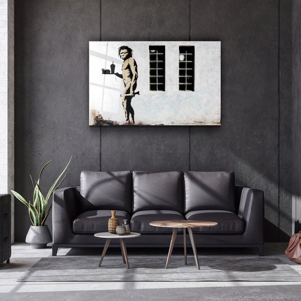 ・"Banksy - Cave Man Fast Food"・Glass Wall Art - Image 2