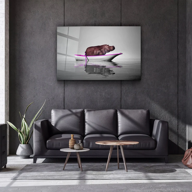 ・"Hippo on the Boat 2"・Glass Wall Art - Image 2