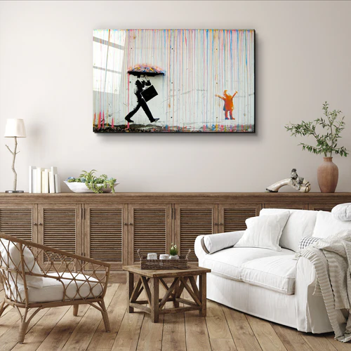 ・"Banksy - Umbrella Man - Rainbow Rain Girl "・Glass Wall Art - Image 3